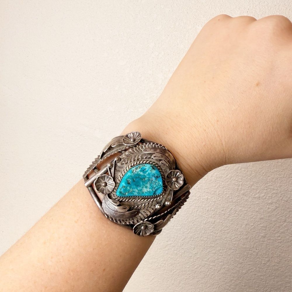 Vintage 60s Sterling Silver 925 Turquoise Cuff Navajo Dinetah Old Pawn Western